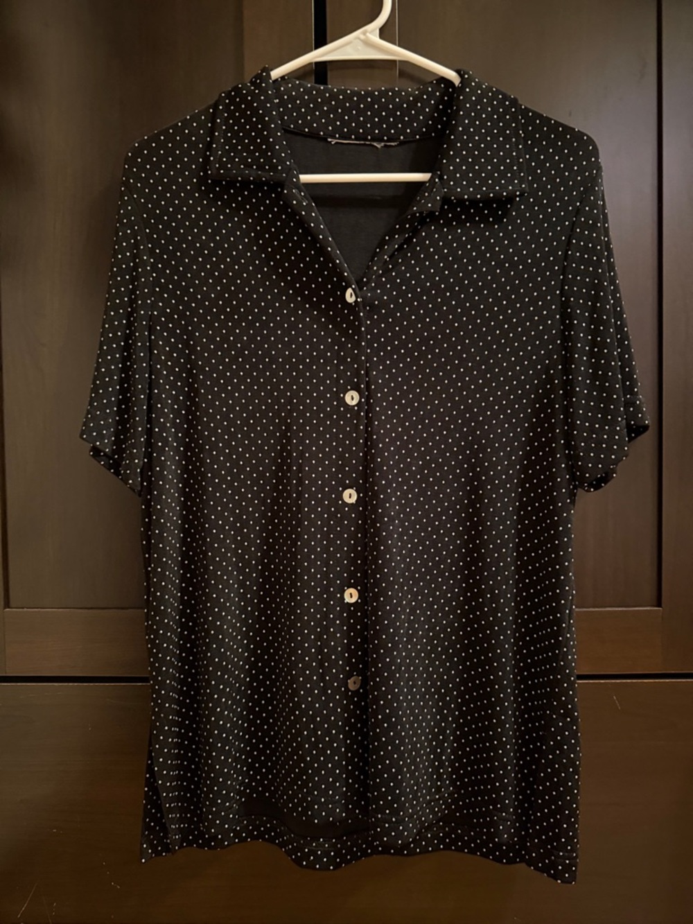 Black Short Sleeve Button-Up Top with White Polka Dots